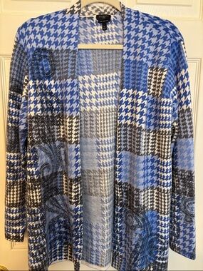 Talbots Blue and Gray Houndstooth Merino Wool 1X Cardigan Sweater